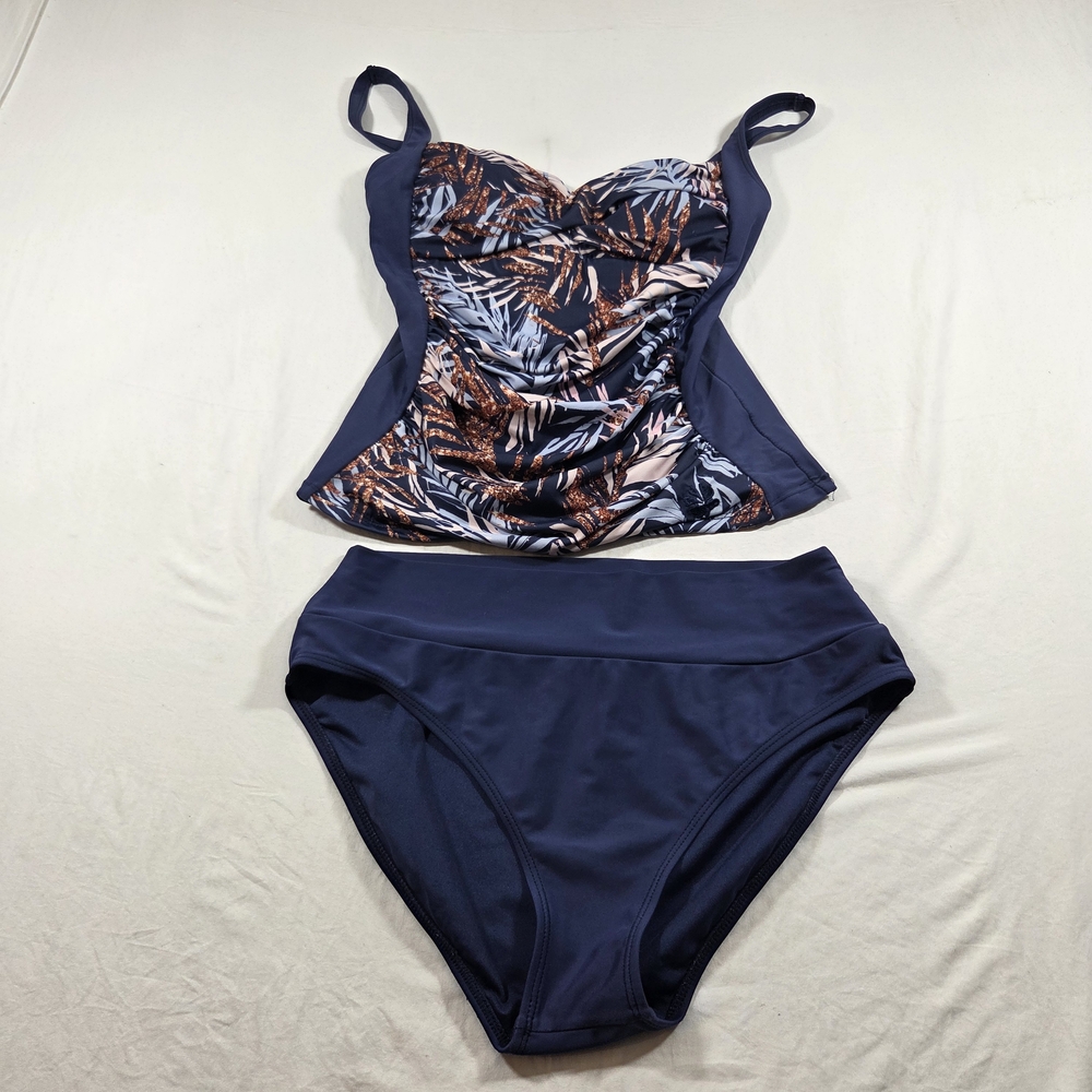Hapari Navy Brown Leaf Print Bikini Halter Top High Rise Bottoms Padded 12-14
